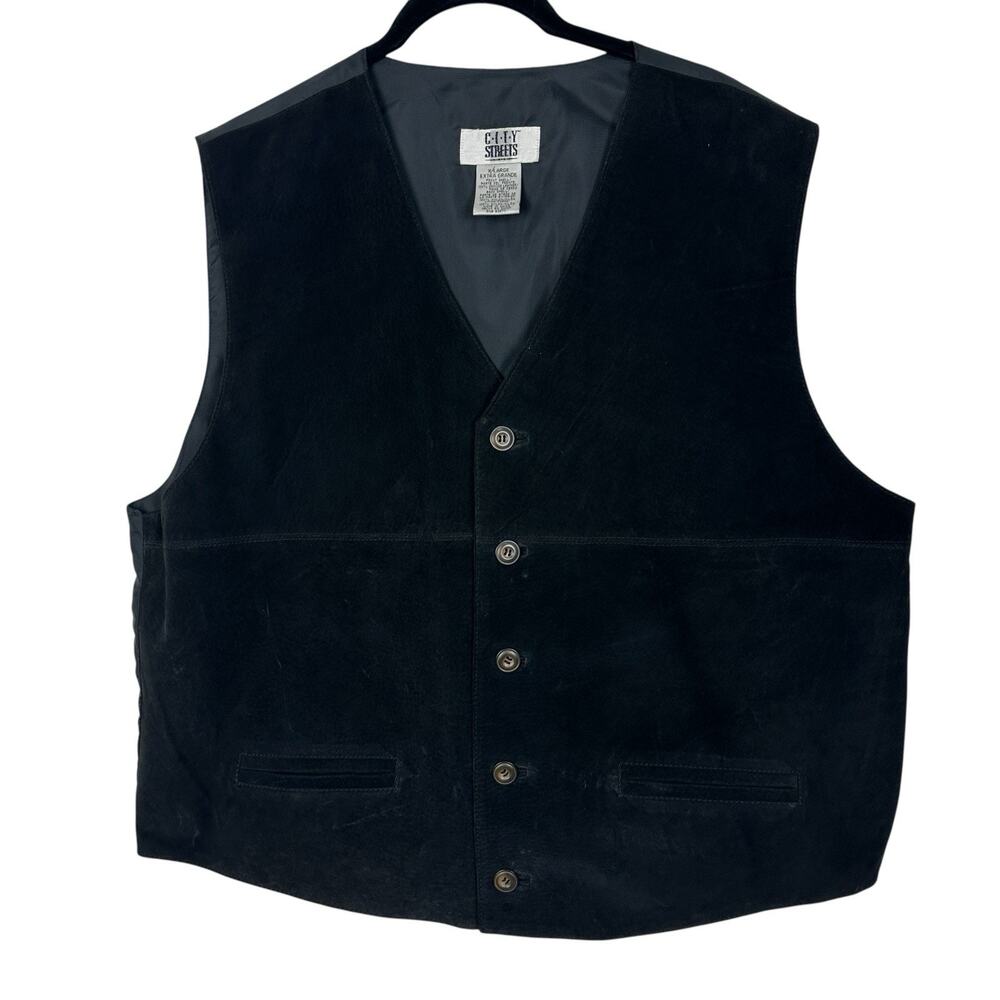 Vintage 90s Leather Vest City Streets Men XL Black Suede Western Biker Waistcoat